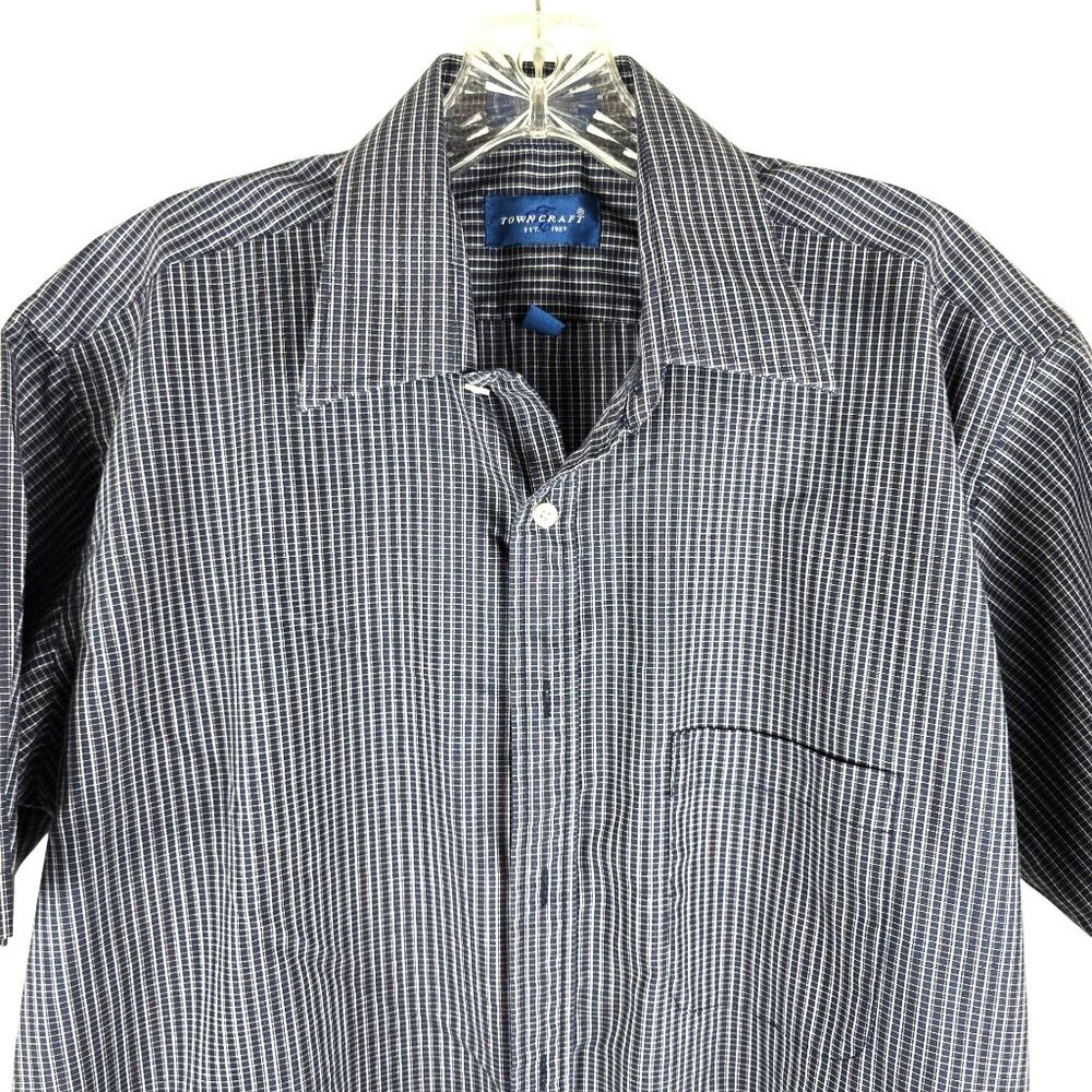 Mens Blue White Short Sleeve Shirt 15.5" Collar Towncraft Button Down    JH1842